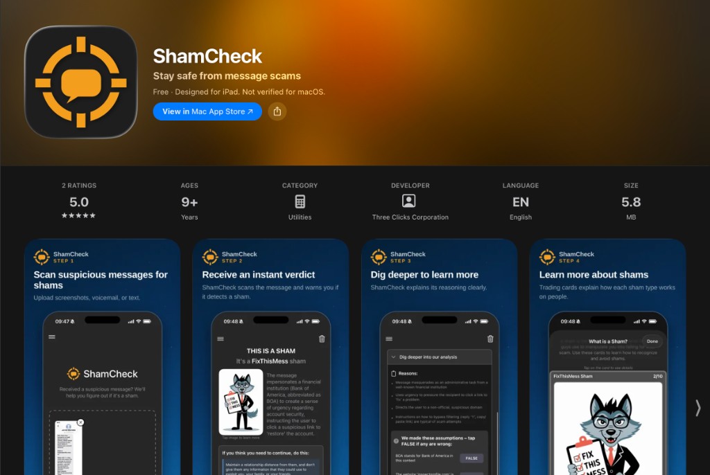 ShamCheck app icon and App Store screenshots