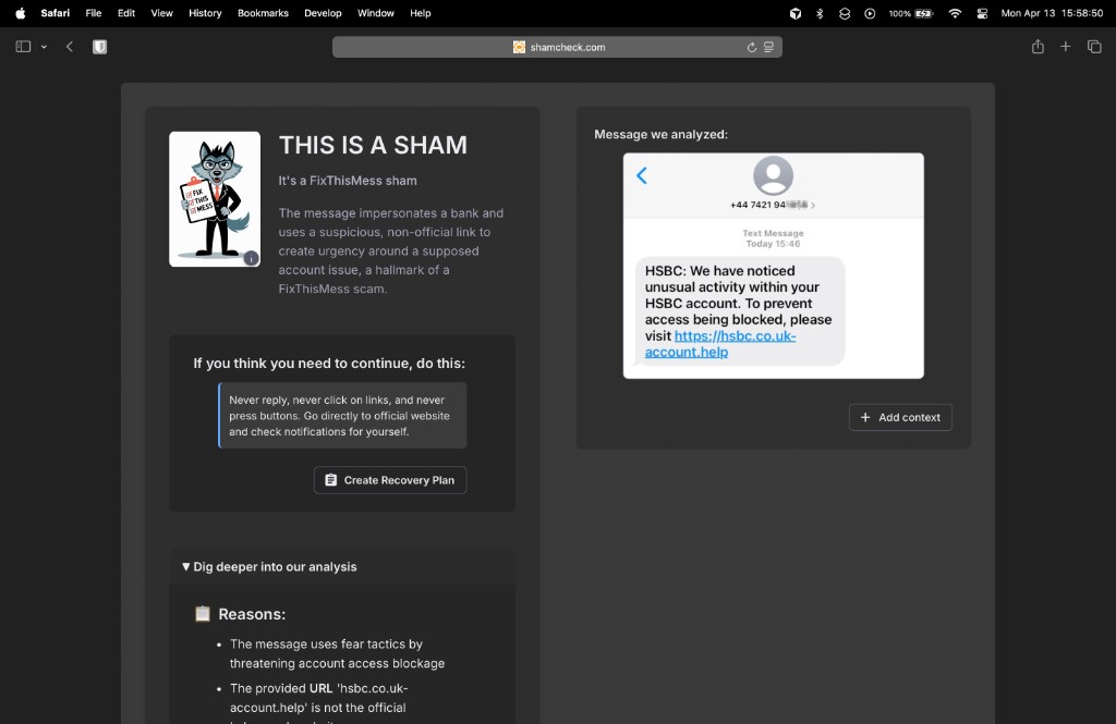 ShamCheck clarification system showing scan results and analysis