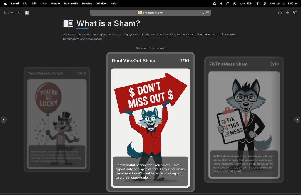 ShamCheck trading cards feature showing sham type categories